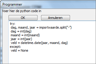 Python code plakken in het formule veld