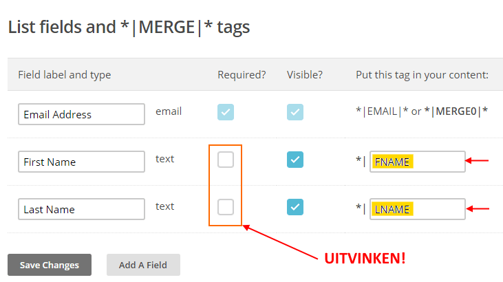 Verplichte velden uitvinken