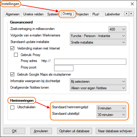 Instellingescherm - Notitie herinneringsscherm standaard instellingen