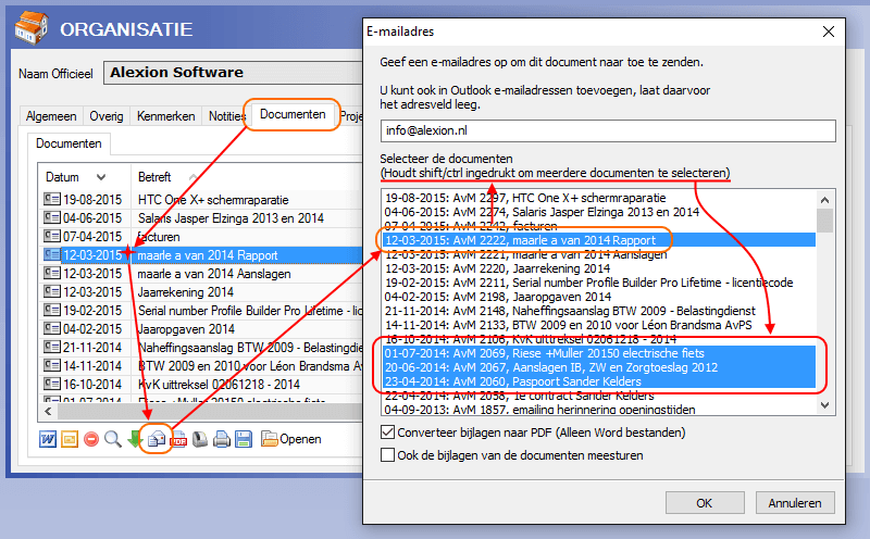 Meerdere documenten versturen via e-mail via Ctrl-toets