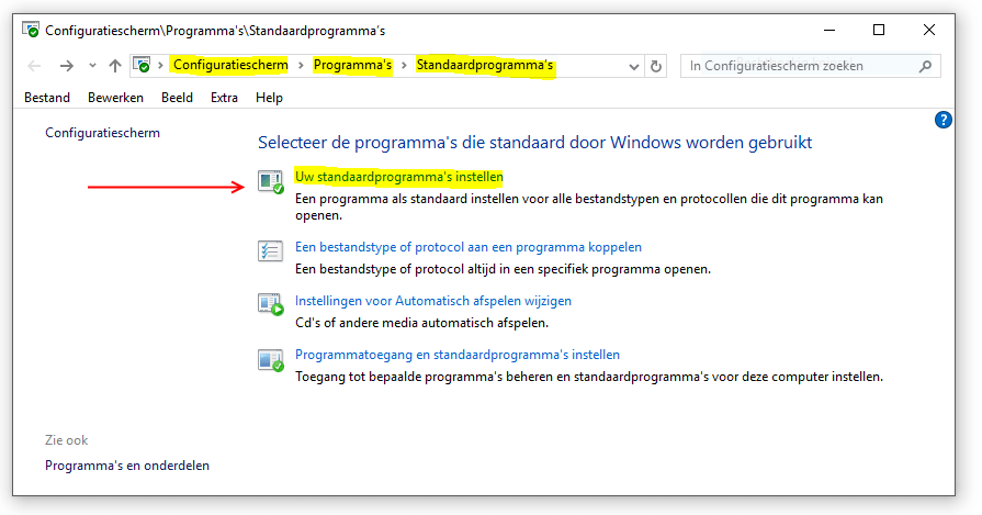 Standaardprogramma's configuratiescherm