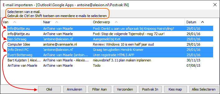 E-mail selecteren met ctrl + klik
