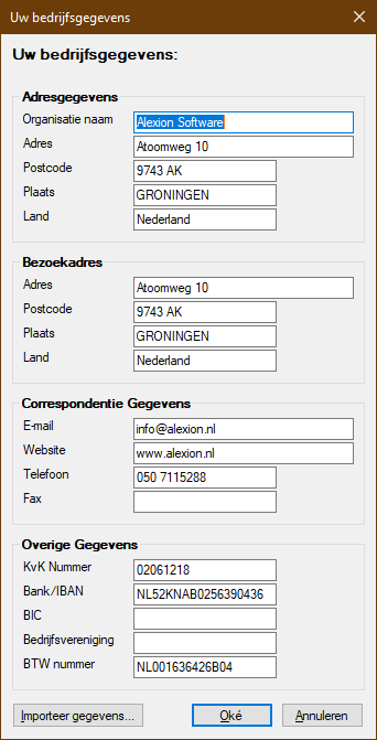 Bedrijfsgegevens scherm in Alexion CRM