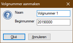 Nieuw Volgnummer aanmaken scherm