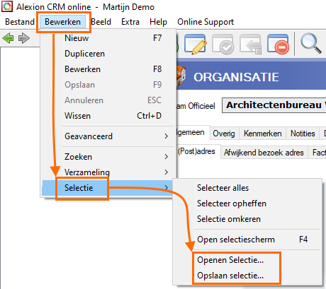 Alexion CRM - menu-bewerken-selecties-opslaan-selectie