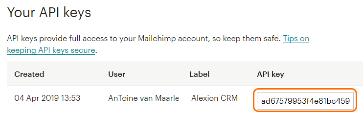 Alexion CRM MailChimp API key