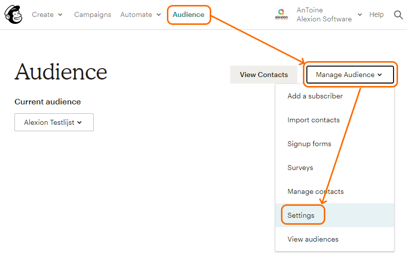 Alexion CRM MailChimp Manage Audience Settings
