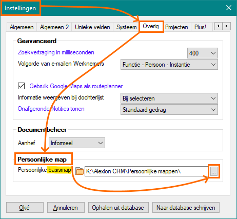 Alexion CRM Persoonlijke basismap instellen