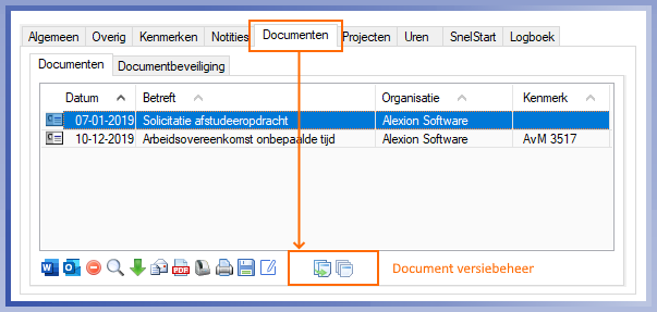 Alexion CRM tabblad Document Versiebeheer bij Persoon of Organisatie