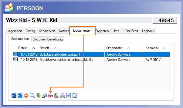 Alexion CRM tabblad Documenten converteren naar PDF