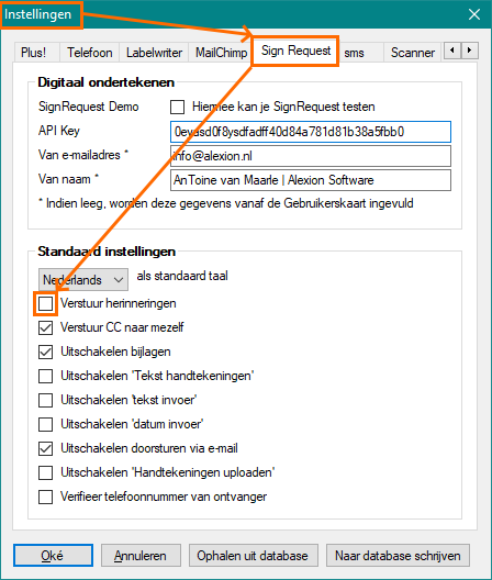 Instellingenscherm verstuur SignRequest herinneringen