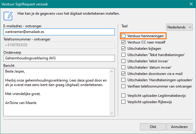 Alexion CRM - verstuur SignRequest herinneringen