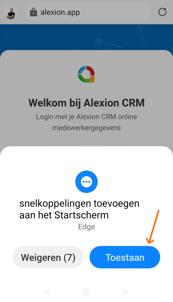 Alexion CRM app - Andoird Edge pop-up stap 2