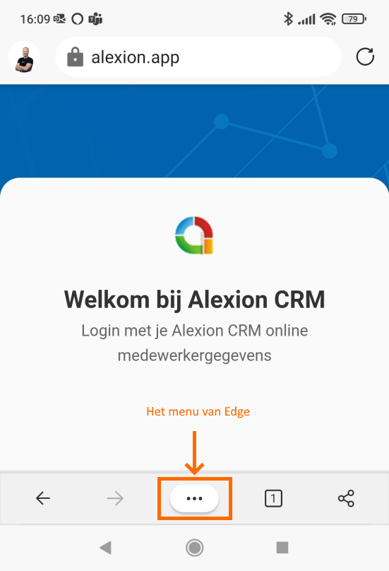 Alexion CRM app - Andoird Edge via menu - stap 1