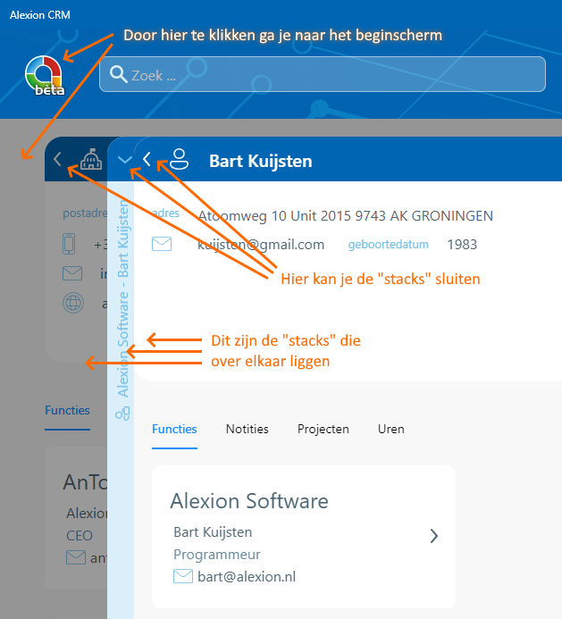 Alexion CRM app - Gebruik van de stacks