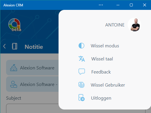Alexion CRM app - menu uitgeklapt