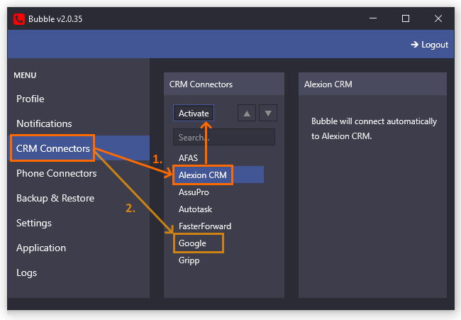 Alexion CRM - Bubble CRM connector instellen op Alexion CRM en google