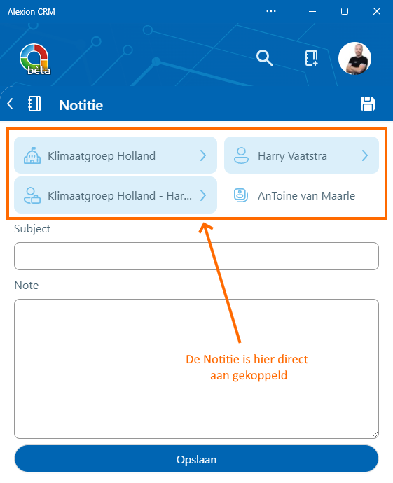 Alexion CRM app - Notities gekoppeld aan Organisatie en Persoon