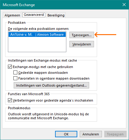 Alexion CRM - Outlook Accountinstellingen - Postvak toegevoegd