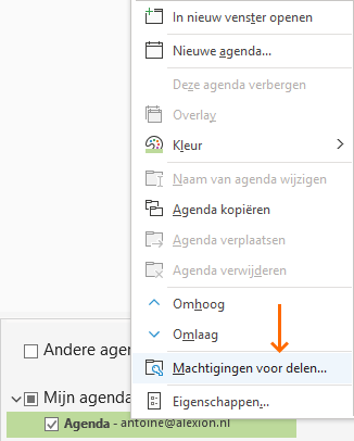 Alexion CRM - Outlook machtigingen Agenda - menu