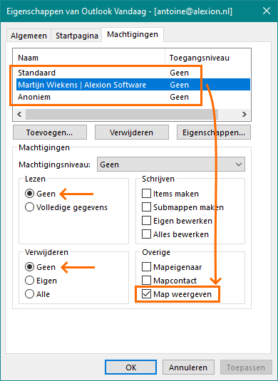 Alexion CRM - Outlook machtigingen hoofdmap - instellen