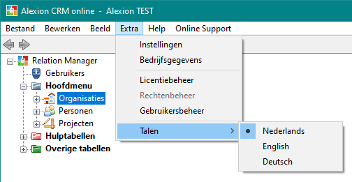 Alexion CRM - Menu Extra - Talen (Versie 5.2 tm 7.4)