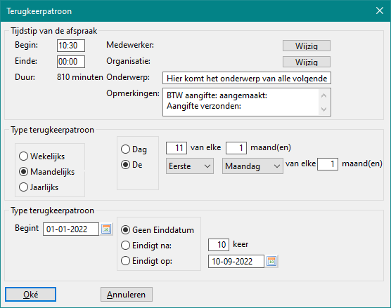 Alexion CRM - Terugkeerpatroon instellen