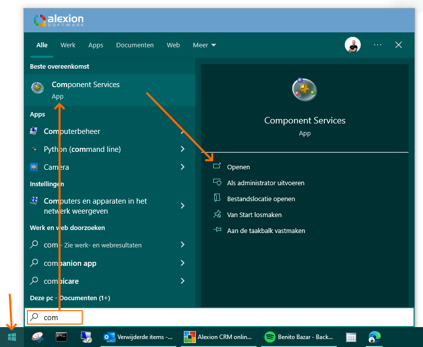 Openen Windows Component Services - Alexion CRM