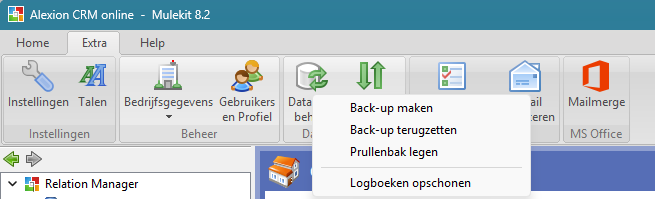 Het menu Database beheer op het lint-tabblad Extra: Back-up maken, Back-up terugzetten, Prullenbak legen, Logboeken opschonen