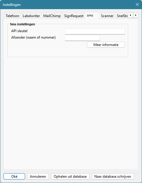 Het tabblad sms in de instellingen met de velden API sleutel en Afzender (naam of nummer)