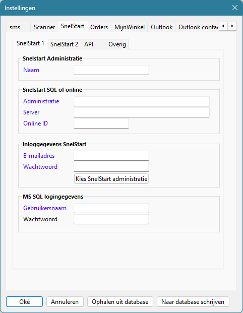 Het tabblad SnelStart 1 in de instellingen: administratie, SnelStart SQL of online, inloggegevens SnelStart met de knop Kies SnelStart administratie