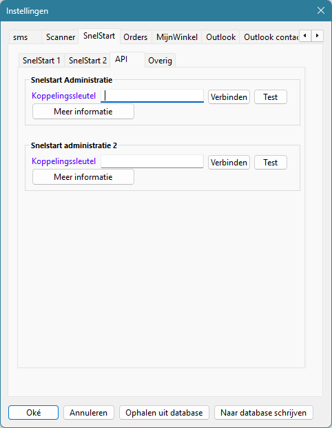Het tabblad API onder SnelStart in de instellingen: koppelingssleutel met de knoppen Verbinden en Test, voor twee administraties