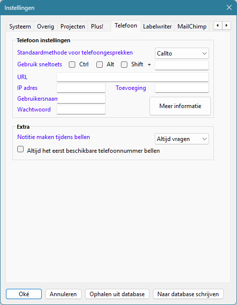 Het tabblad Telefoon in de instellingen: standaardmethode, sneltoets, URL, IP adres, toevoeging, gebruikersnaam en wachtwoord, en de extra opties