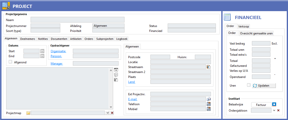 Een projectkaart met linksonder op het tabblad Algemeen het veld Projectmap