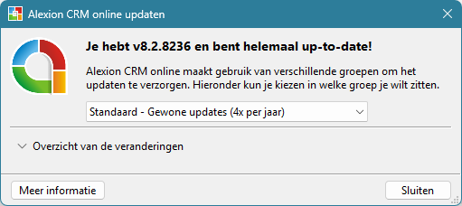 Het venster Alexion CRM online updaten: je bent helemaal up-to-date, met de keuze van de updategroep en een overzicht van de veranderingen